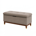 Panca contenitore 120 x 45 x 48 cm in tessuto tortora con gambe in legno - seduta imbottita